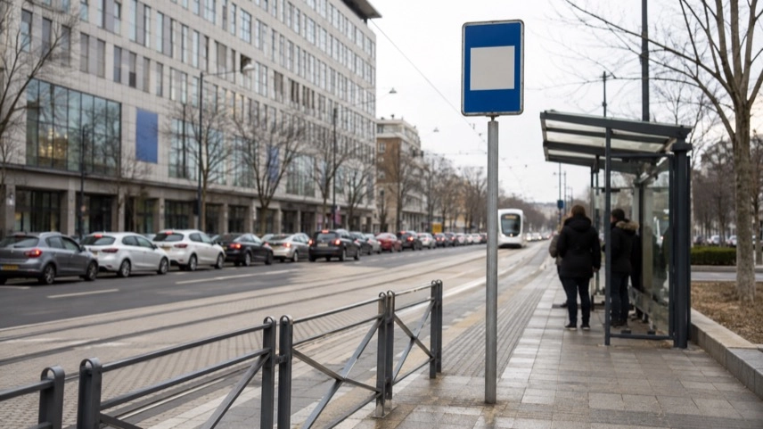 Städtische Tram-Haltestelle mit Fahrbahn in Berlin als Symbol für Autounfall und Verkehrssicherheit