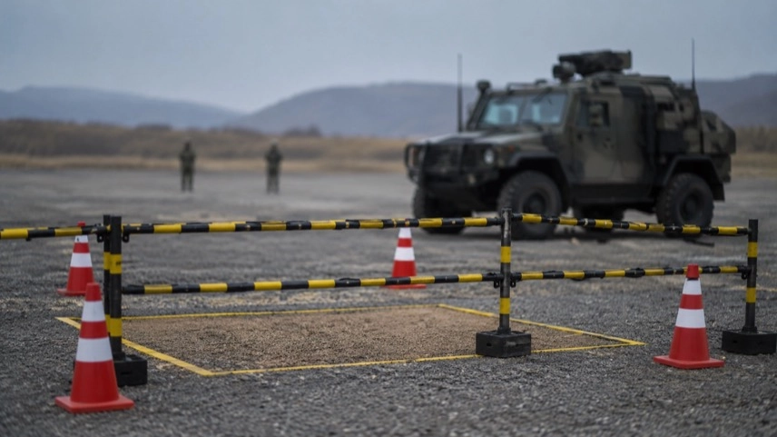 Abgesperrter Übungsbereich mit militärischem Fahrzeug auf einem Truppenübungsplatz