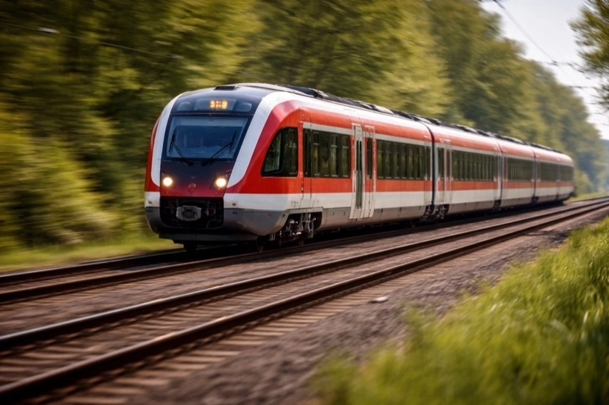 Bahnübergang mit Gleisen, beschädigtes Auto neben Zugstrecke, Einsatzfahrzeuge im Hintergrund nach Verkehrsunfall