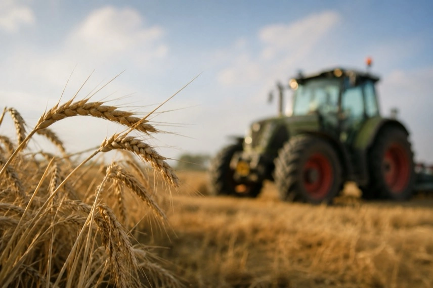 Landwirtschaftlicher Traktor mit Anhänger auf einer neutralen Hoffläche