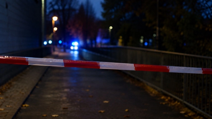 Absperrband auf öffentlichem Weg bei Dämmerung, unscharfe Blaulichter im Hintergrund, Symbol für Ermittlungen nach Tötungsdelikt