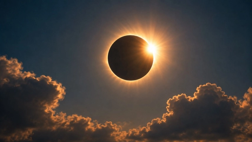 Person mit Schutzbrille blickt auf eine teilweise verdeckte Sonne über einer offenen Landschaft