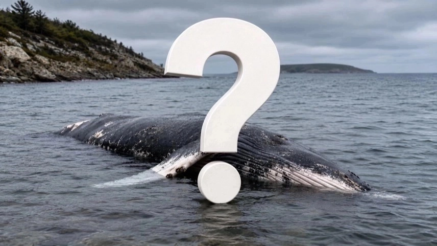 Toter Buckelwal treibt vor dänischer Küste im Meer nahe Anholt unter bewölktem Himmel