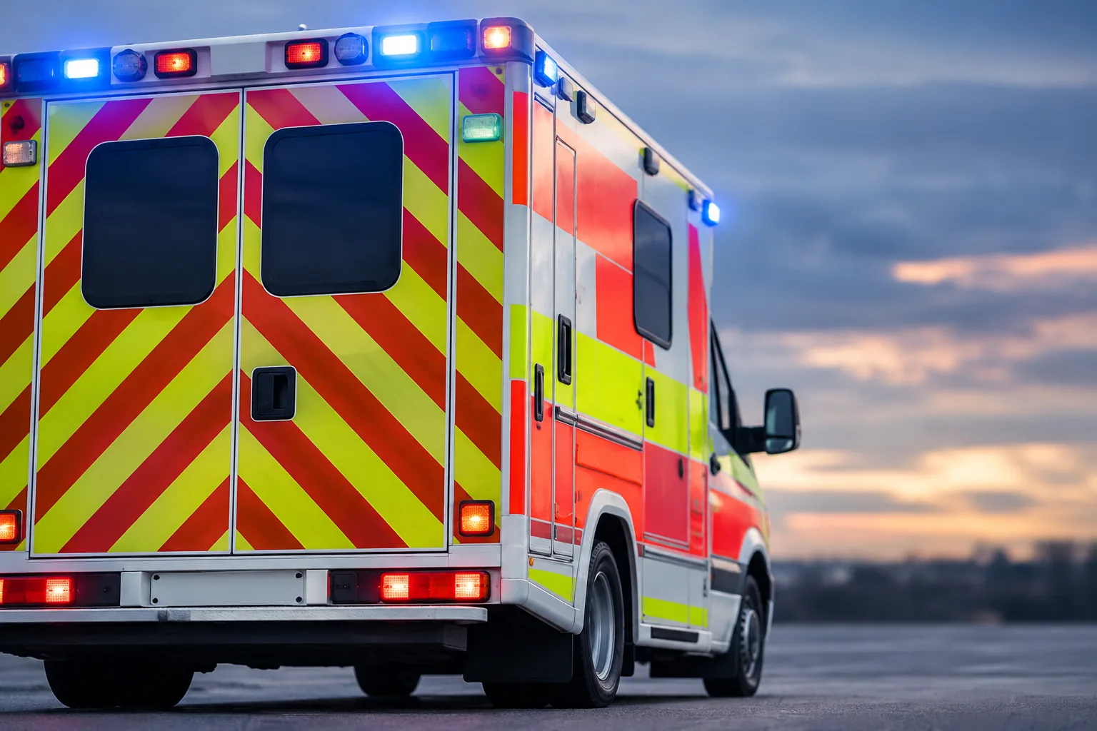 Neutrales Rettungsfahrzeug ohne Beschriftung auf freier Fläche vor unscharfem Hintergrund.