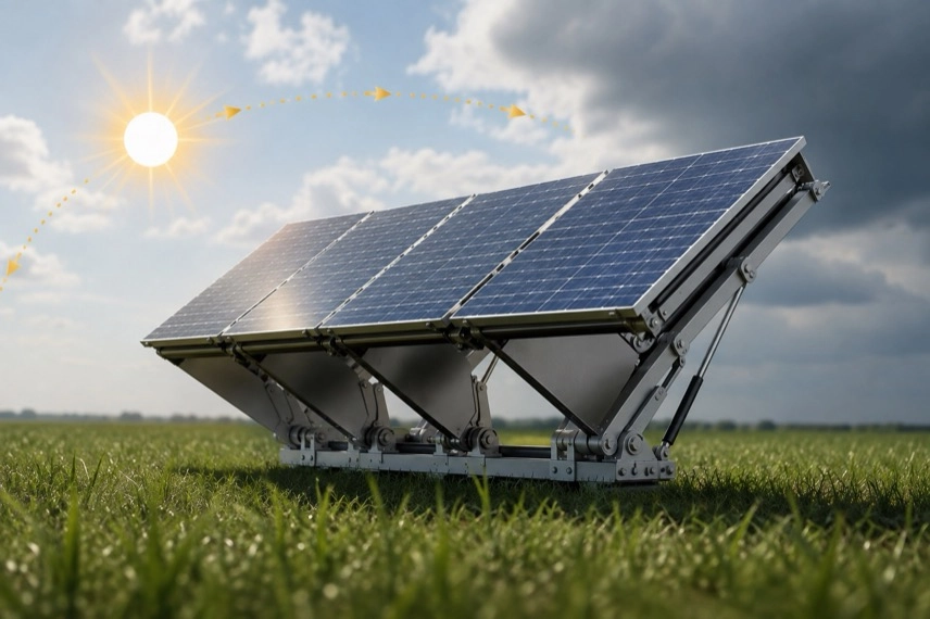 Photovoltaikanlage mit nachführbaren Solarmodulen und zusammengeklapptem Modul als Darstellung des FLAPTrack-Solartrackers