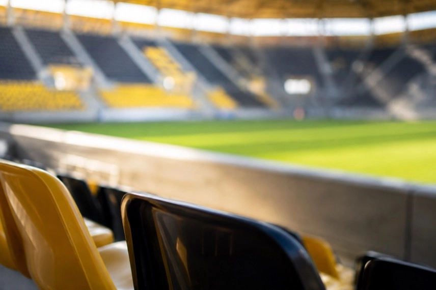 Leere Tribüne und anonyme Personen in einem Fußballstadion nach einem Fußballspiel.