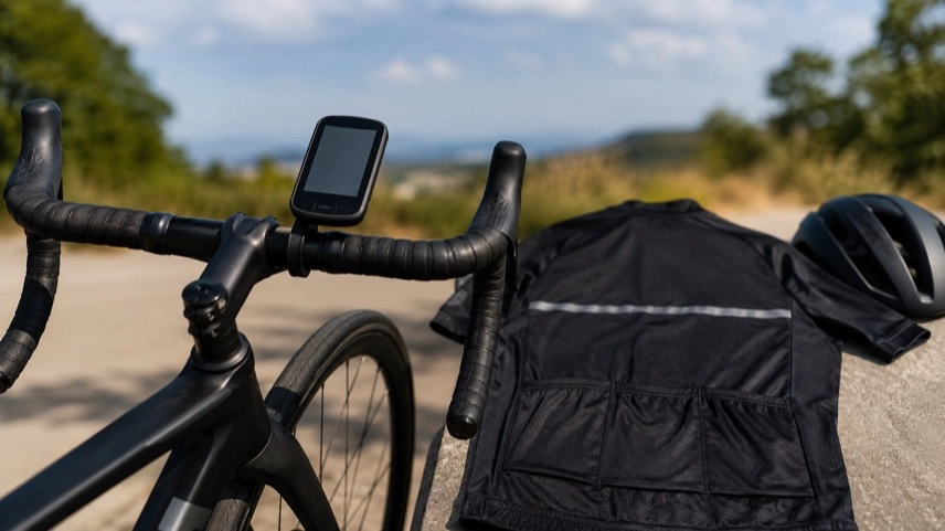Rennrad mit Radcomputer neben Radsport-Trikot mit Rückentaschen auf neutralem Trainingsgelände