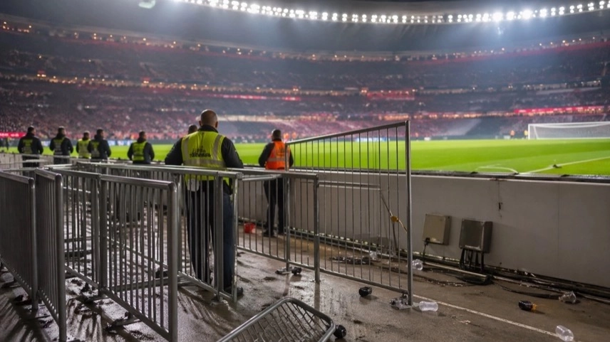 Stadionbereich mit Absperrgittern und Sicherheitskräften nach Fanvorfall bei Champions-League-Spiel Bayern