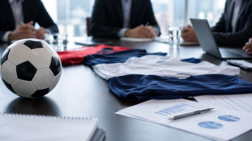 Anonymer Konferenztisch mit Fußball, neutralen Trikots und Dokumenten als Symbol für den Streit zwischen UEFA und FIFA.