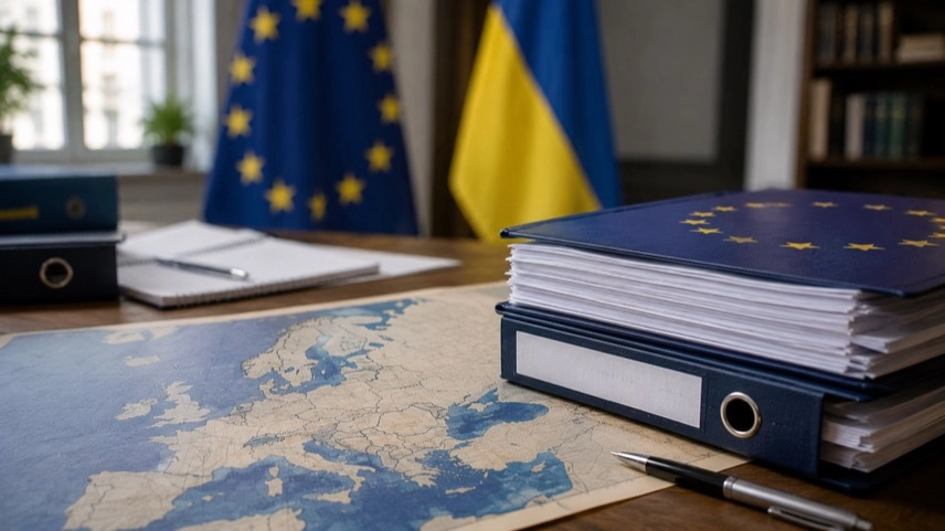 Europakarte, Aktenordner und EU-Flaggen als Symbol für EU-Beitritt der Ukraine und europäische Verhandlungen