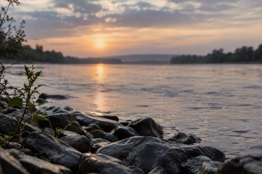 Breiter Fluss mit Schwimmweste und Rucksack am Ufer als Motiv zu Ausreisebeschränkungen in der Ukraine