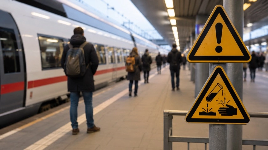 Fernzug an einem Bahnhof mit Warnschild für Gefahrstoffe und wartenden Reisenden im Bahnverkehr