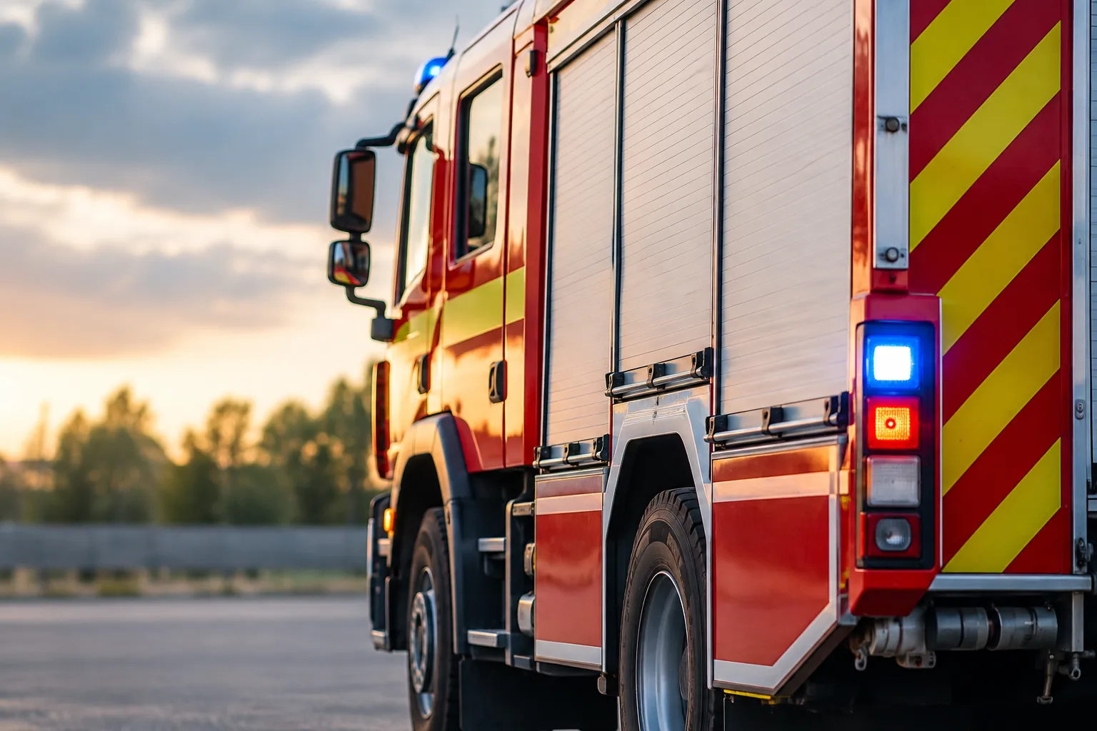 Rotes Feuerwehrfahrzeug auf neutraler Fläche ohne Einsatzkräfte, Unfallstelle oder weitere Fahrzeuge.