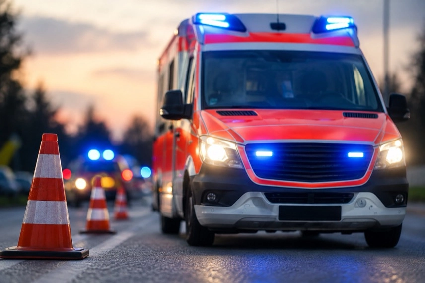 Neutrales Rettungsfahrzeug auf einer anonymen Stadtstraße bei einem Verkehrsunfall-Einsatz
