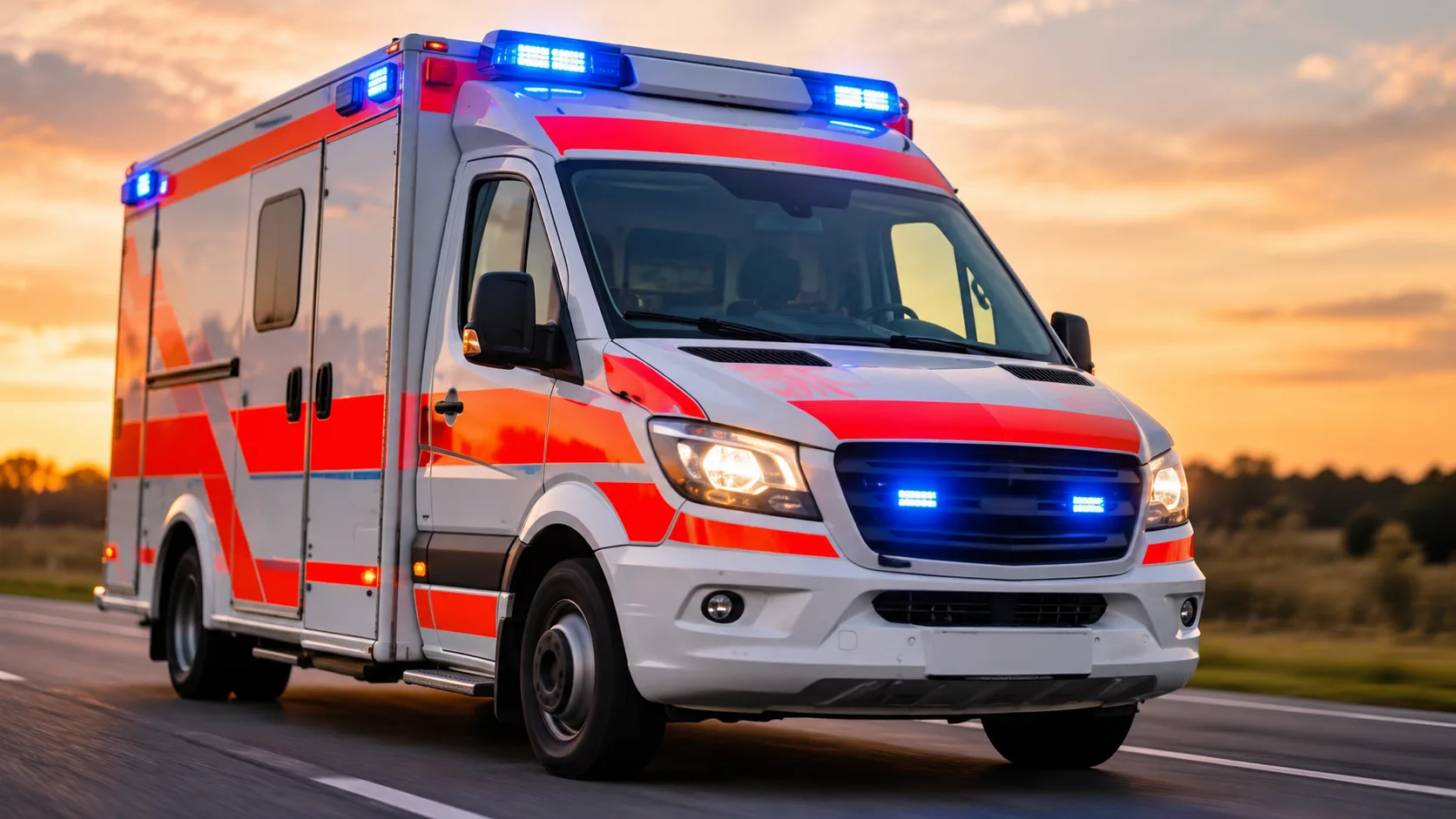 Neutrales Rettungsfahrzeug ohne Kennzeichen auf einer freien Fläche mit Bäumen im Hintergrund.
