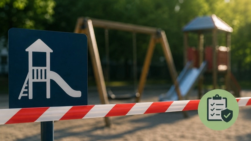 Spielplatz-Piktogramm, Absperrband und Grünfläche als Motiv zu einem Fund im Kölner Stadtwald
