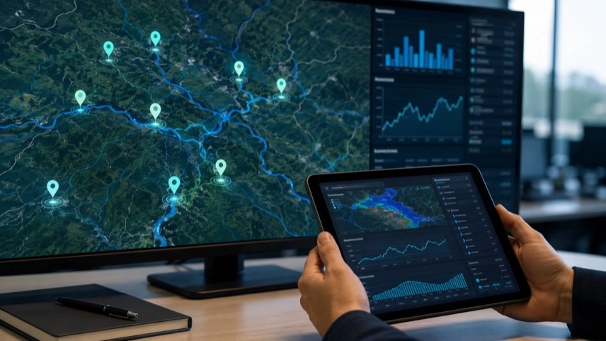 Digitale Karte mit Messpunkten, Pegeldaten und KI-Analyse für ein modernes Hochwasser-Frühwarnsystem im Unterallgäu