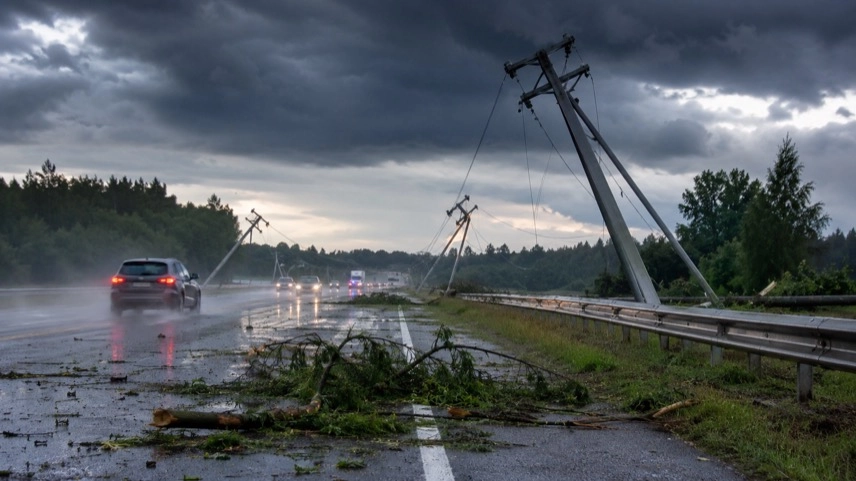 Beschädigte Strommasten an einer Straße bei Starkregen und Gewitterwolken in Süddeutschland