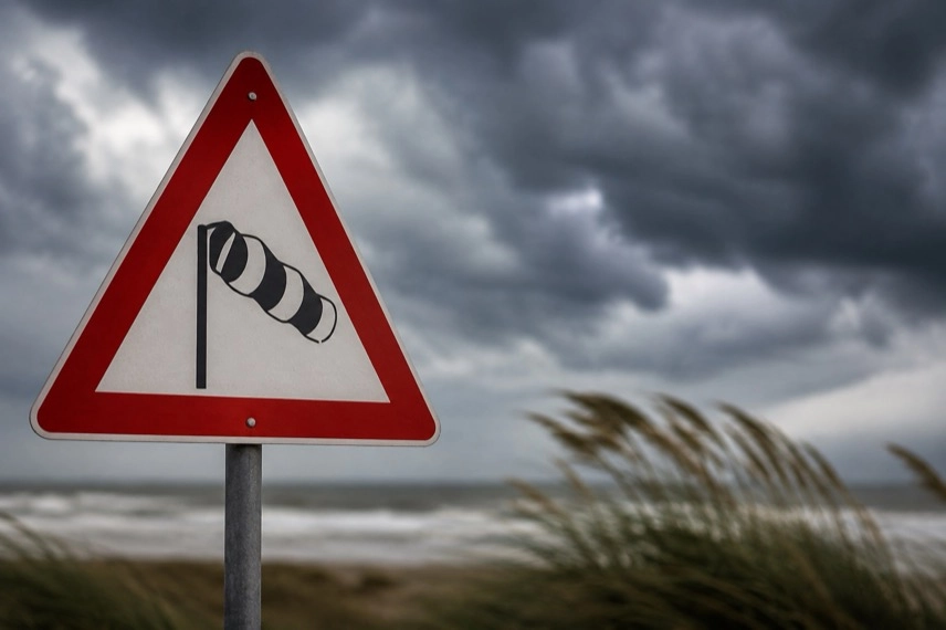 Gewitterwolken über einem Strand an der Adria mit Sonnenschirmen und Strandliegen bei starkem Wind