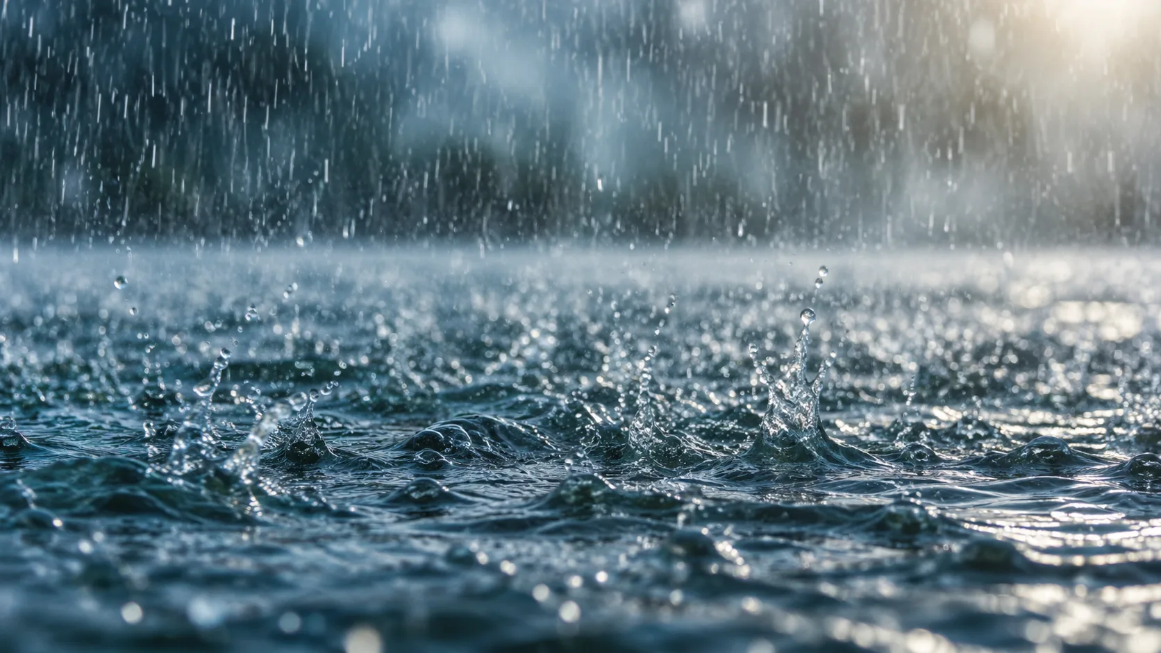 Dichter Starkregen trifft auf eine Wasserfläche und erzeugt zahlreiche Spritzer und kreisförmige Wellen.