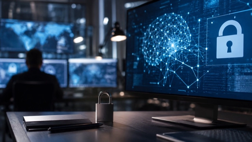 Computerbildschirme mit KI-Netzwerken und gesperrten Zugriffsanzeigen als Symbol für KI-Modelle und Regulierung