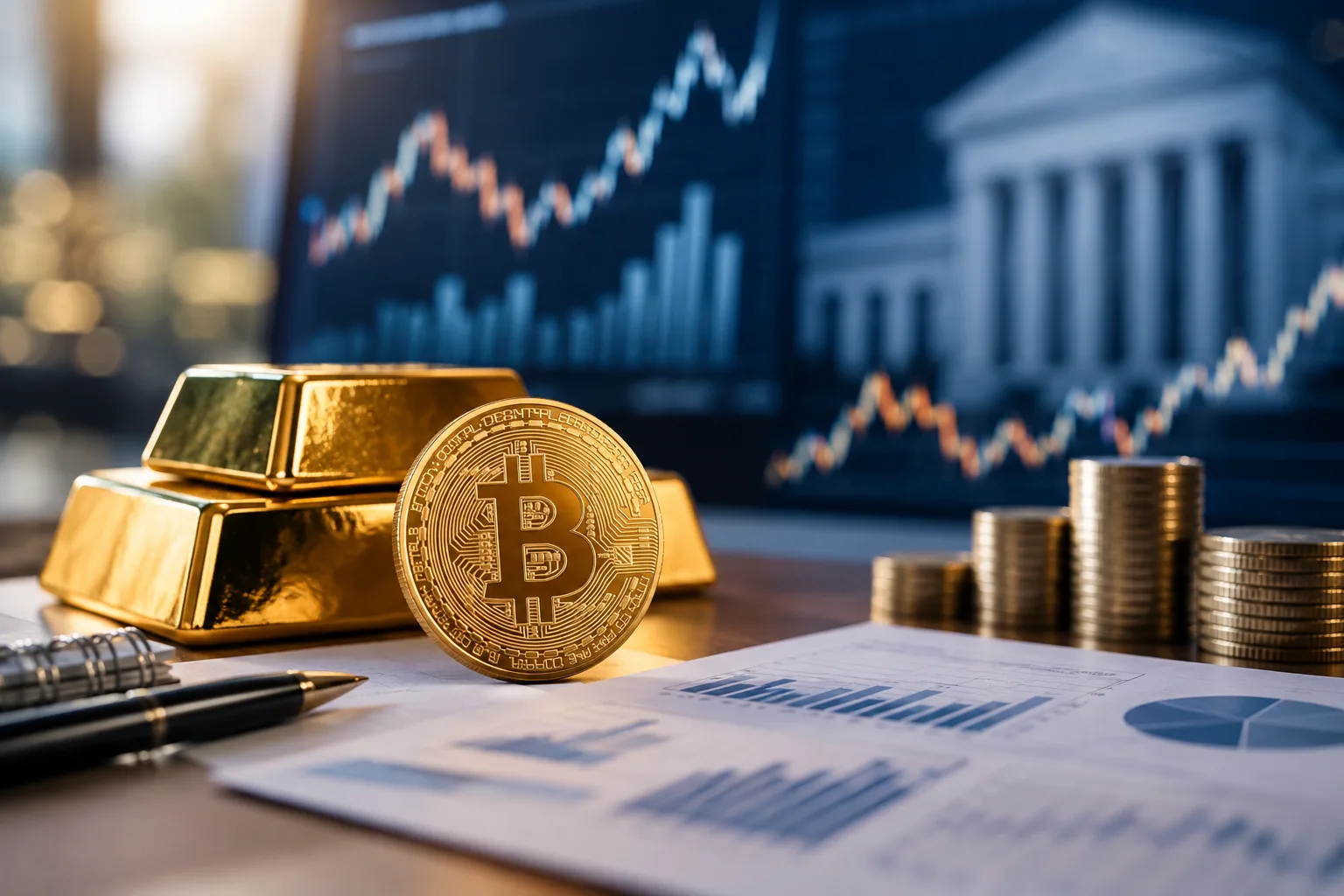 US-Arbeitsmarktdaten auf einem Bildschirm mit Finanzcharts sowie Symbolen für Bitcoin und Gold.