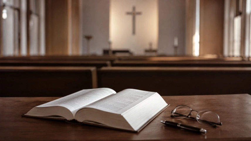 Aufgeschlagenes Dokument auf einem Tisch in einem Kirchenraum mit Holzbänken und Kreuz im Hintergrund