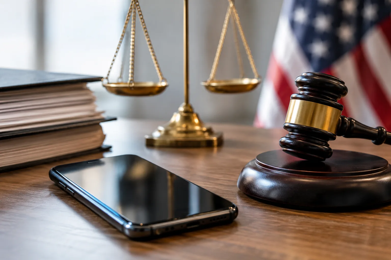 Smartphone neben Justizwaage und Akten als Motiv zu Handy-Durchsuchungen an der US-Grenze