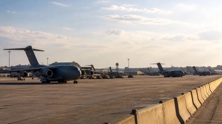 Militärbasis mit Flugzeugen und Hangars als Symbol für US-Truppenabzug aus Deutschland und veränderte NATO-Präsenz