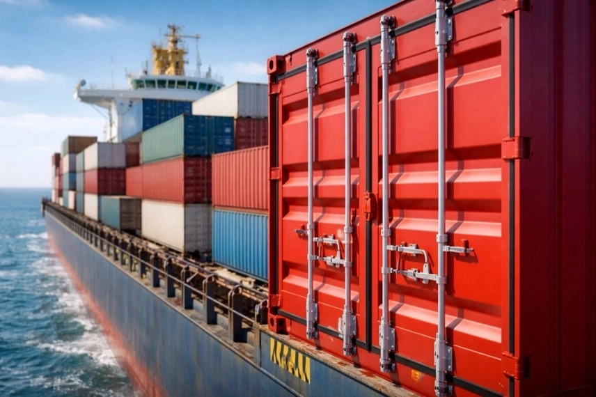 Frachtschiffe und Militärschiffe in Meerenge, Symbol für Iran-Krieg, Straße von Hormus und globale Handelsrouten