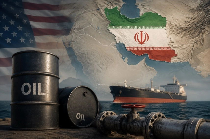 Weltkarte mit Nahost, stilisierten Ölfässern, einer Pipeline und einem Tanker als Symbol für den internationalen Ölhandel.