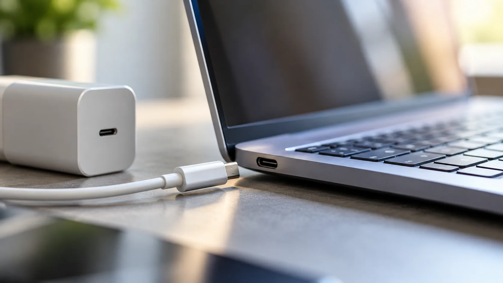 Laptop mit USB-C-Ladeanschluss, daneben ein USB-C-Kabel und ein Netzteil auf einem Schreibtisch.
