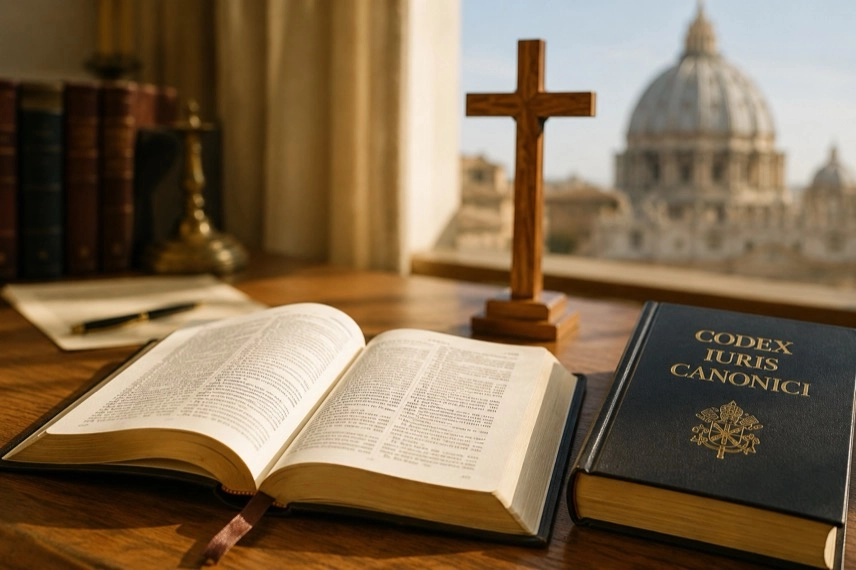 Geöffnete Bibel, ein Kirchenrechtsbuch und ein Holzkreuz auf einem Tisch vor einer unscharfen Kirche im Hintergrund.