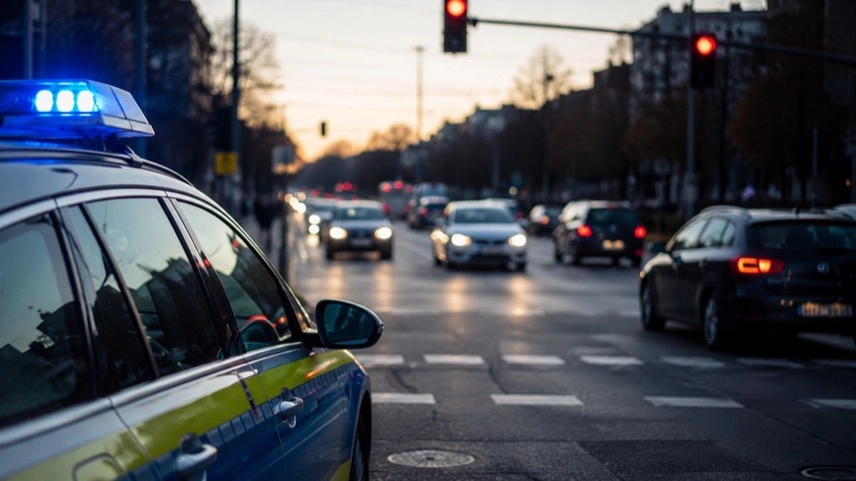Polizeifahrzeug an einer städtischen Kreuzung im Hamburger Straßenverkehr mit mehreren wartenden Autos
