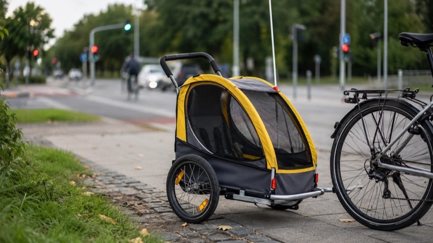 Fahrrad mit Kinderanhänger an einem Radweg nahe einer Kreuzung im Stadtverkehr