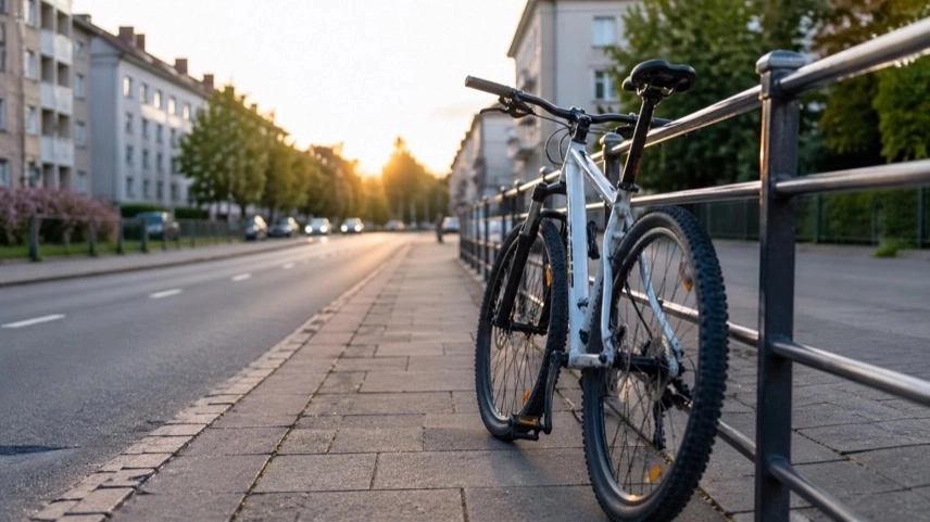 Menschenleere Straße in Karlsruhe mit Fahrrad am Geländer bei Abendlicht