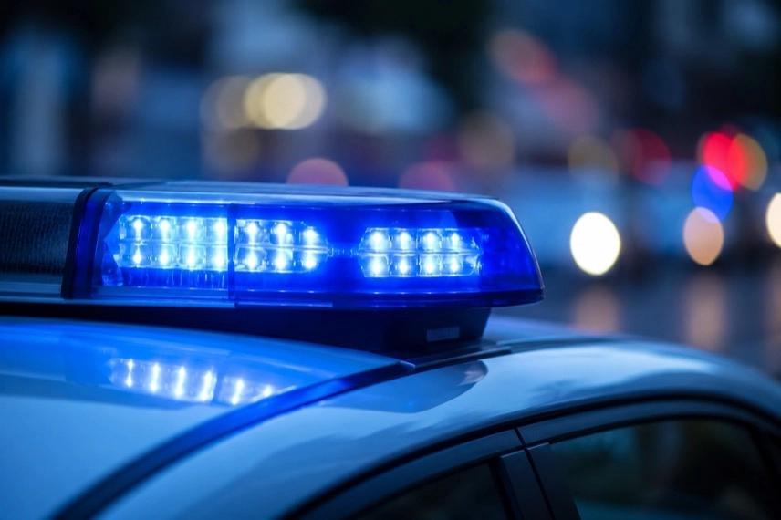Generisches Polizeifahrzeug mit eingeschaltetem Blaulicht vor einem dunklen, neutralen Hintergrund.