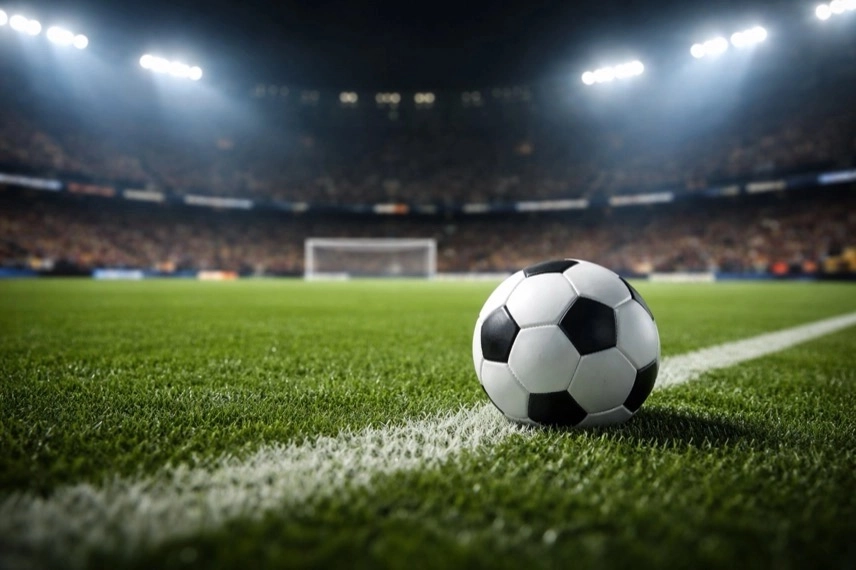 Fußball im Flutlichtstadion vor leerem Tor, Symbol für DFB-Pokal Halbfinale VfB Stuttgart und Weg ins Finale Berlin