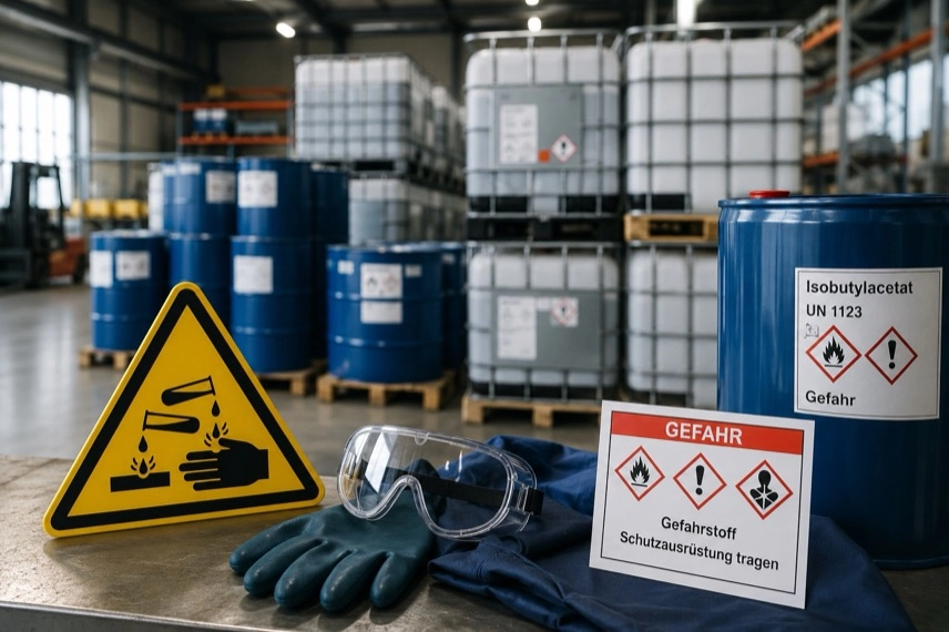 Warnschild für Gefahrstoffe sowie Chemikalienbehälter und Schutzausrüstung in einer modernen Industriehalle.