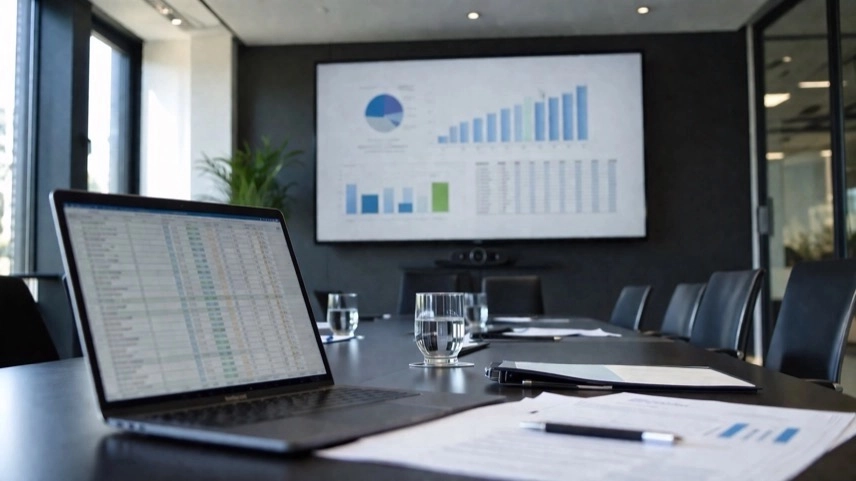 Konferenzraum mit Laptop und Diagrammen auf Bildschirm zur Analyse von Fehlzeiten und Mitarbeiterdaten