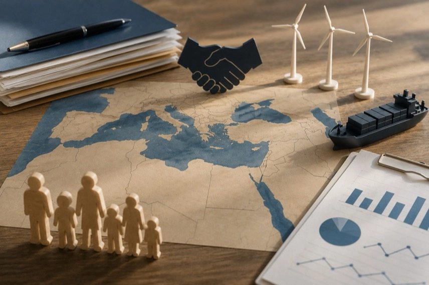 Karte von Nordafrika neben Wirtschaftsunterlagen zu Energie, Handel und internationaler Zusammenarbeit.