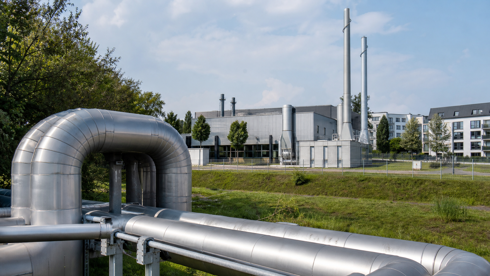 Symbolbild eines modernen Fernwärmenetzes mit isolierten Leitungen und Energieanlage