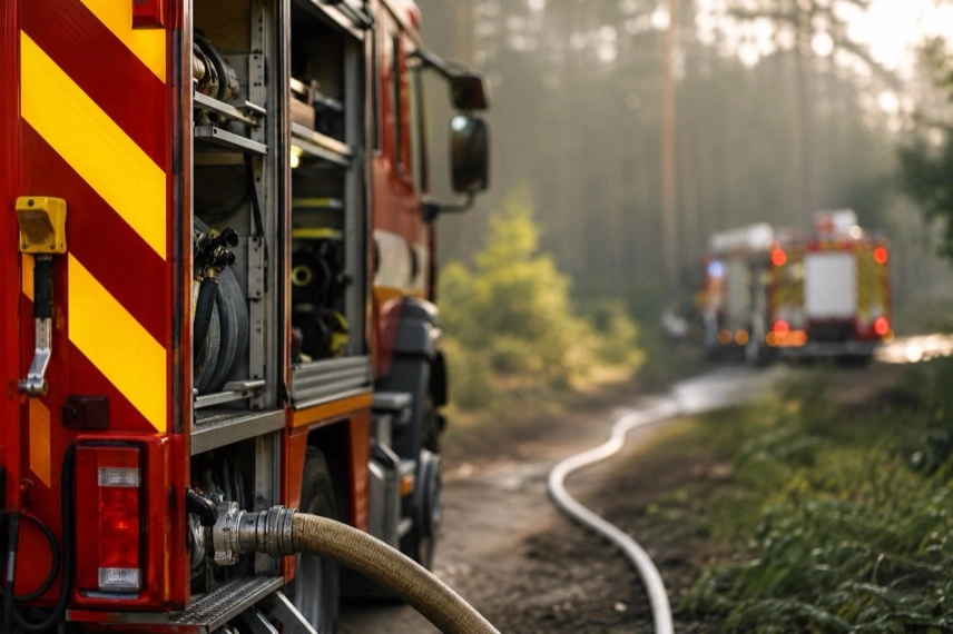 Neutrales Feuerwehrfahrzeug vor einem Waldgebiet als Motiv zu Löscharbeiten bei einem Waldbrand.