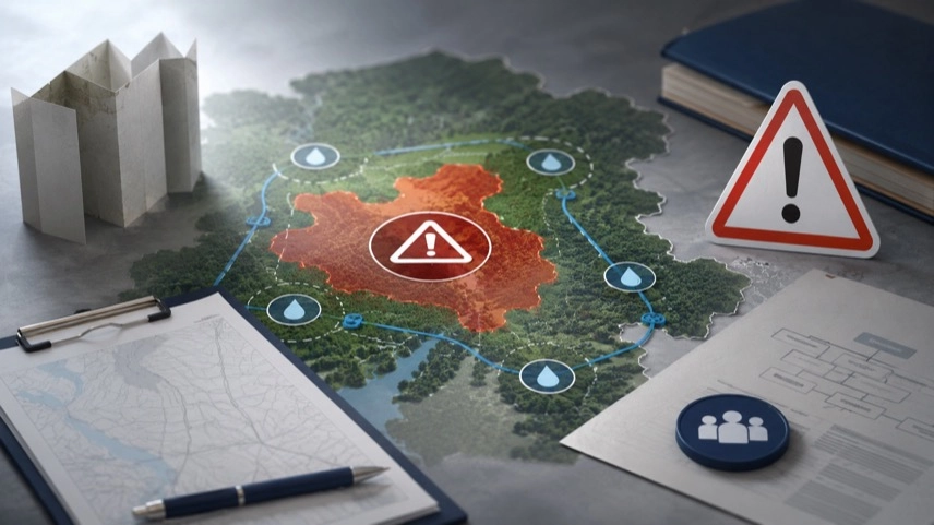 Abstrakte Karte mit Warnsymbolen und schematischen Wasserleitungen als Symbol für Waldbrand im Müritz-Nationalpark und Katastrophenschutz.