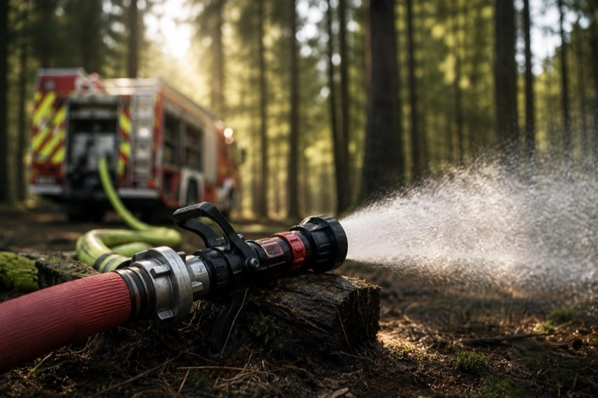 Feuerwehrfahrzeug und Löschschlauch an einem Waldrand zur Waldbrandbekämpfung.
