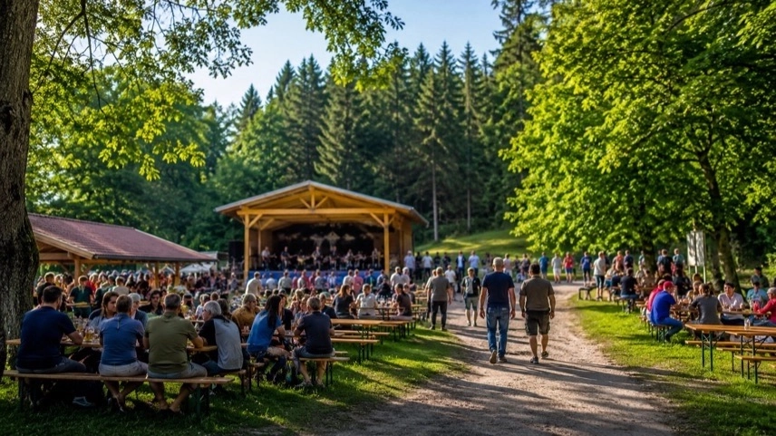 Besucher auf einem Waldfest bei Bretten mit Bierbänken, Musikpavillon und Vatertagsveranstaltung im Grünen