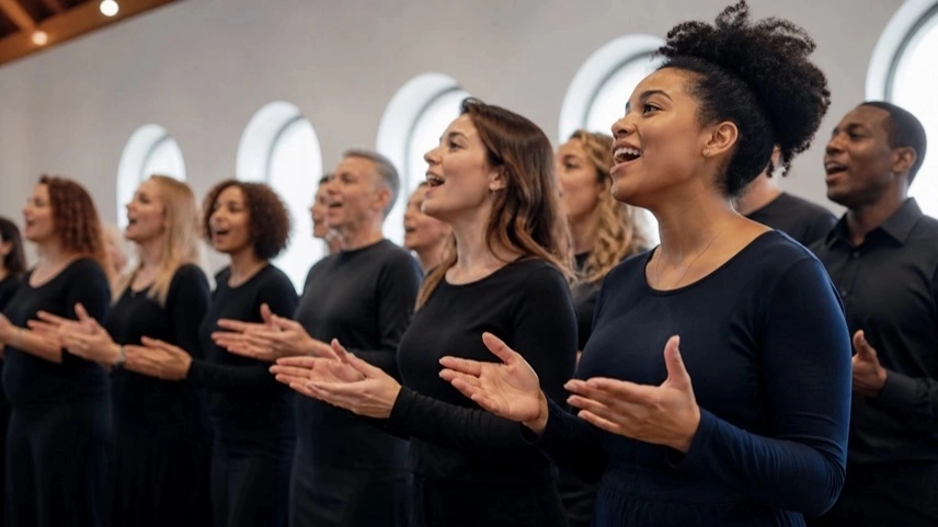 Gruppe von Menschen singt gemeinsam in einem Chorraum, Gospelmusik und Gemeinschaft beim Singen in Deutschland