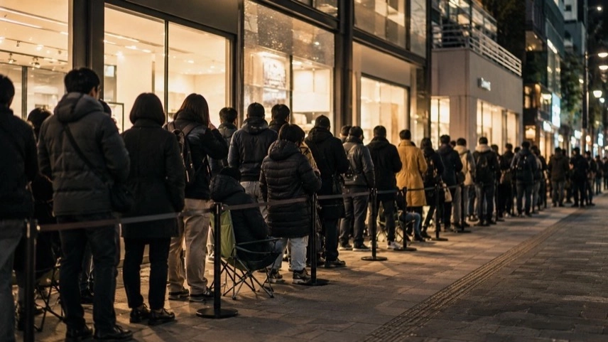 Menschen stehen nachts vor einem modernen Uhrenladen für einen limitierten Luxusuhren-Release in einer Großstadt an.