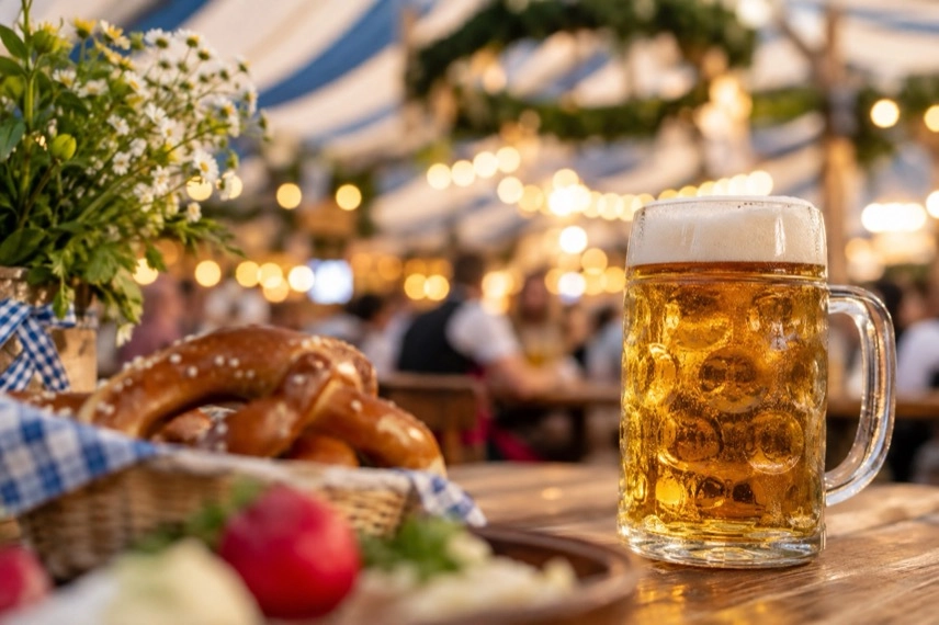 Festtisch mit Maßkrügen, Fahrkarten, Wertmarken und Lebkuchenherz vor den Lichtern eines Volksfests.