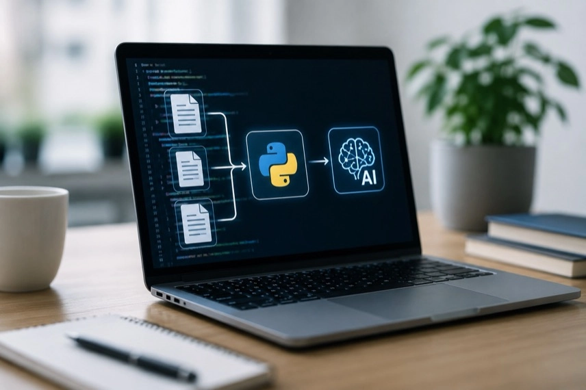 Laptop mit HTML-Code und strukturierten Datenfeldern für Web-Scraping mit Python und KI